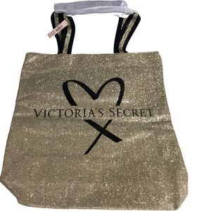 Victoria’s Secret Gold Black Sparkle Glitter Metallic Large Canvas Tote Bag NEW